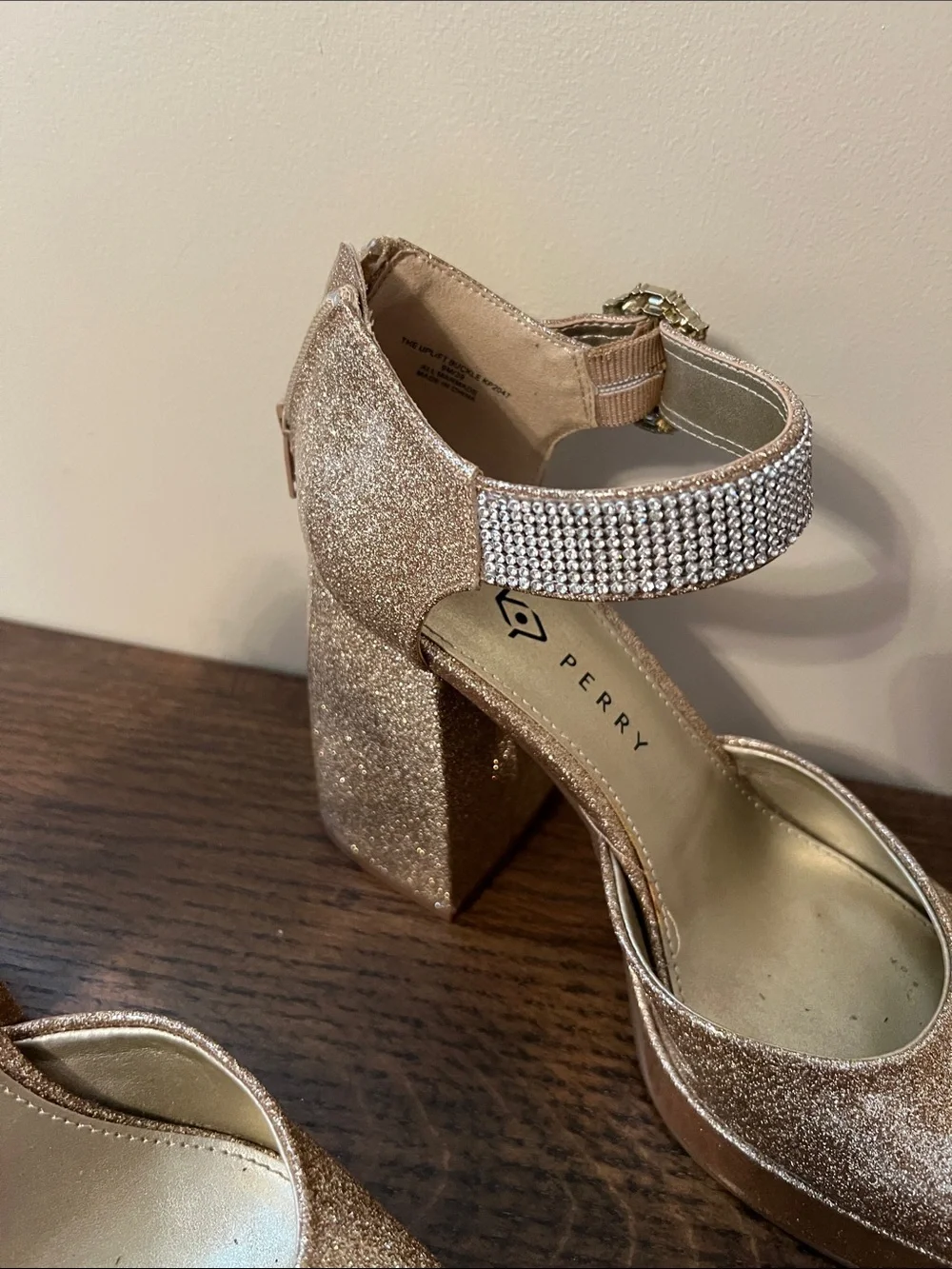 Katy Perry Collections Rose Gold Glitter Platform Mary Jane with Crystal Buckle